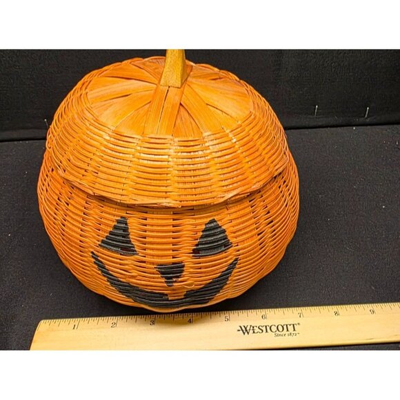 Vintage Primitive Orange Jack-O-Lantern Halloween Decorative Fall Basket w Lid - Picture 9 of 9